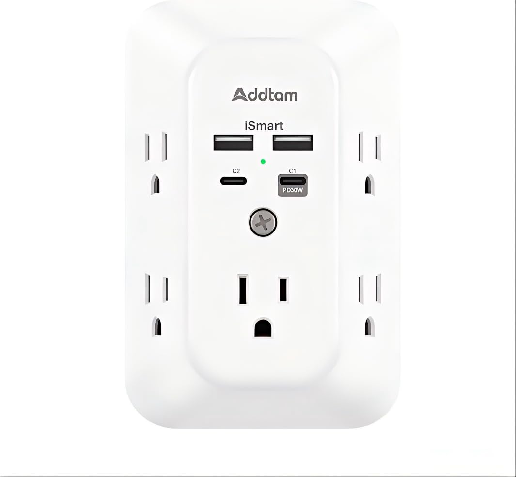 Addtam front view showing five outlets and four USB ports for versatile charging