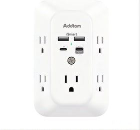 Addtam front view showing five outlets and four USB ports for versatile charging