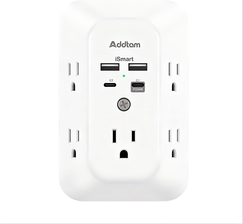 Addtam front view showing five outlets and four USB ports for versatile charging