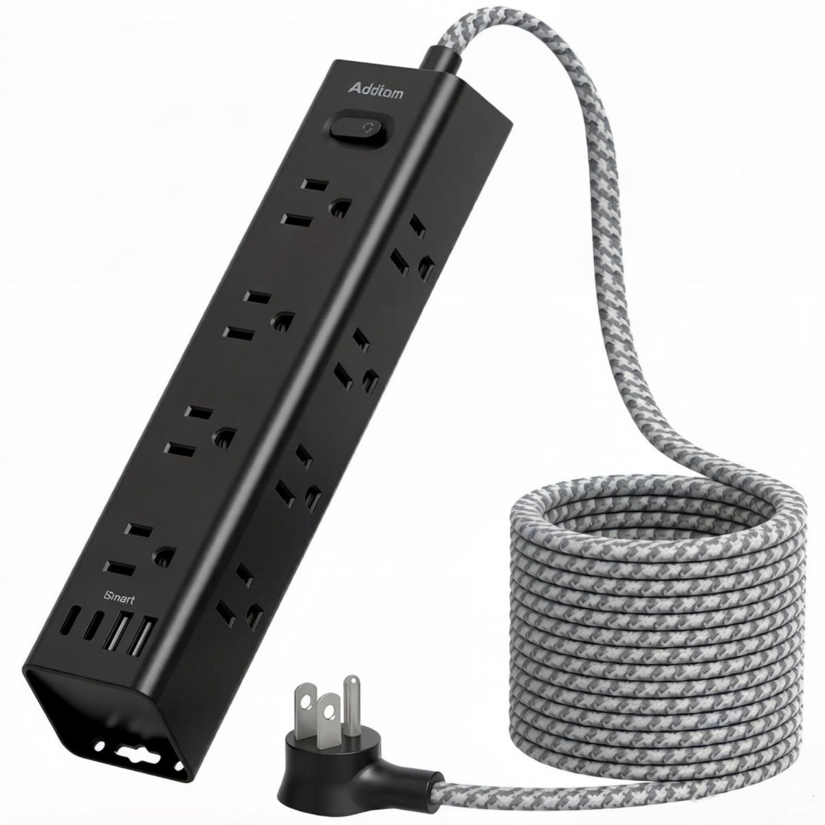 Addtam front view showing full power strip layout and organized outlets benefit