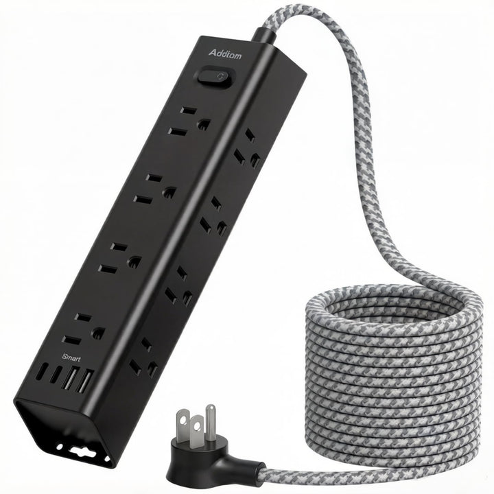 Addtam front view showing full power strip layout and organized outlets benefit