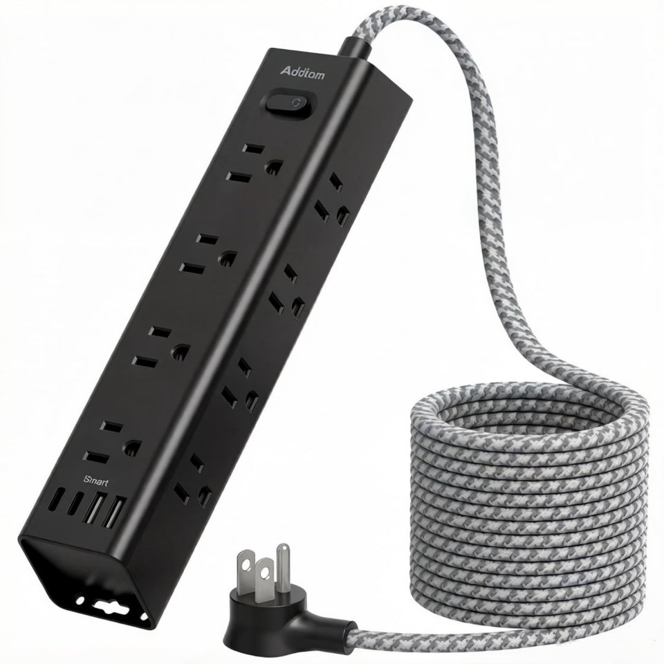 Addtam front view showing full power strip layout and organized outlets benefit