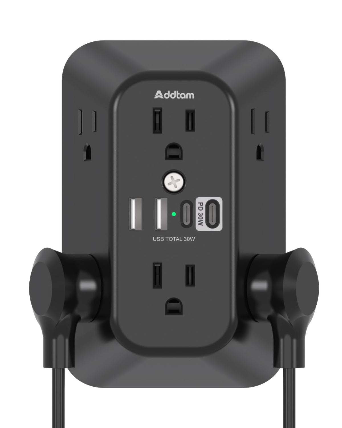 Addtam front view showing six outlets and four USB ports, offering versatile charging