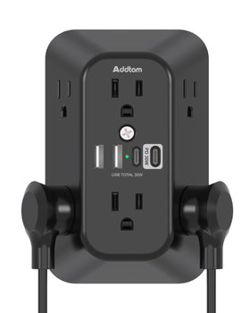 Addtam front view showing six outlets and four USB ports, offering versatile charging
