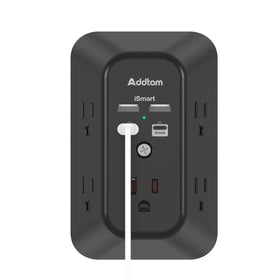 Addtam front view showing five wide-spaced outlets and clean design benefit