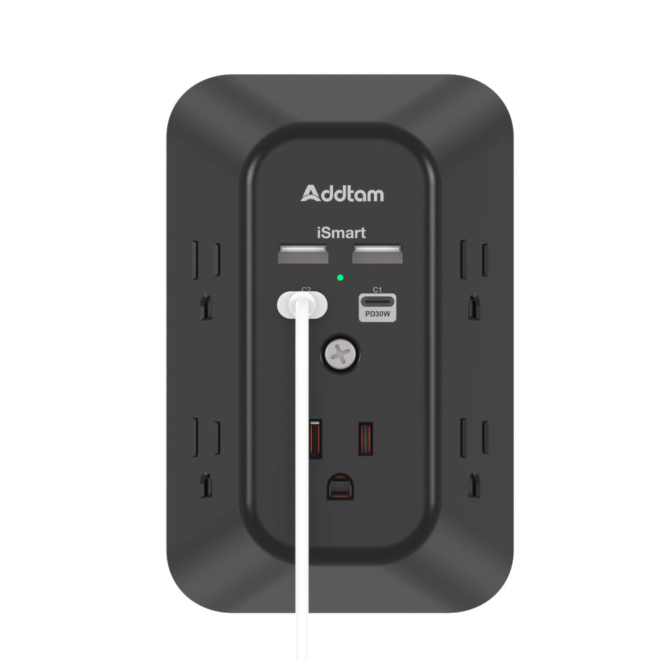 Addtam front view showing five wide-spaced outlets and clean design benefit