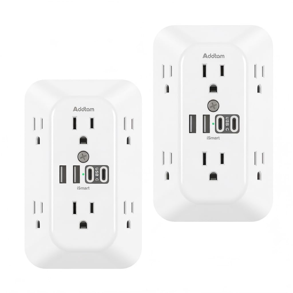 Addtam front view showing six AC outlets and four USB ports for versatile charging