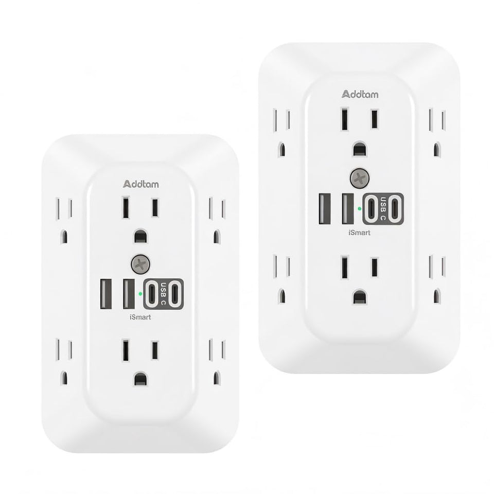 Addtam front view showing six AC outlets and four USB ports for versatile charging