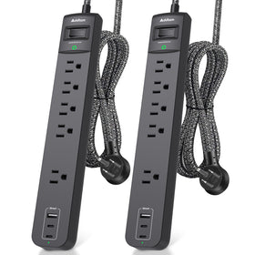 Addtam front view of two power strips showing all outlets and ports for organized charging