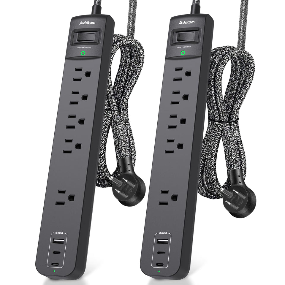 Addtam front view of two power strips showing all outlets and ports for organized charging