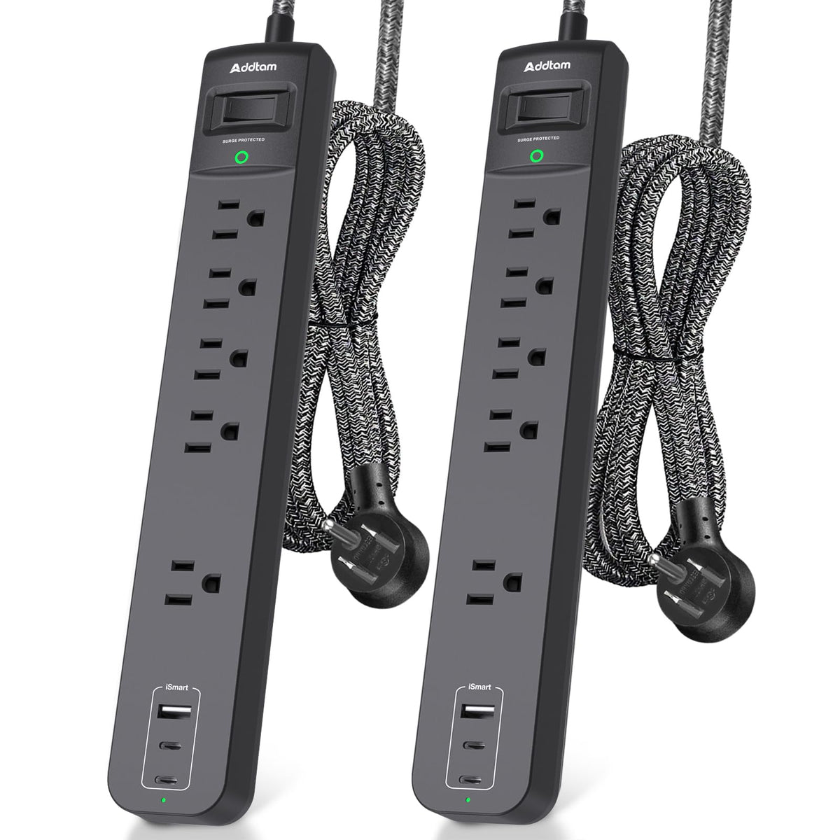 Addtam front view of both power strips showing outlets and ports for flexible charging
