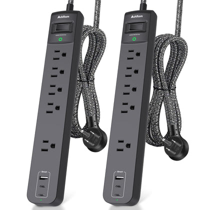 Addtam front view of both power strips showing outlets and ports for flexible charging