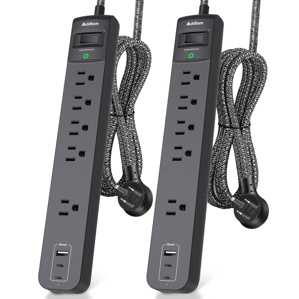Addtam front view of both power strips showing outlets and ports for flexible charging