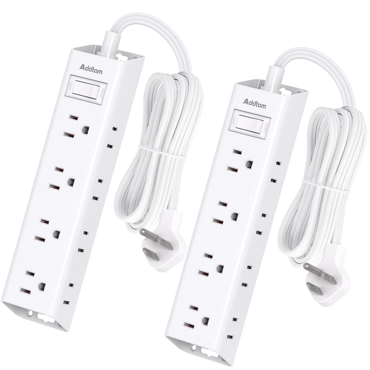 Addtam power strips front view showing two-pack and compact design benefit organization