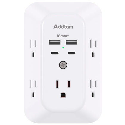 Addtam front view of 2-pack extender showing outlets and USB ports for versatile charging