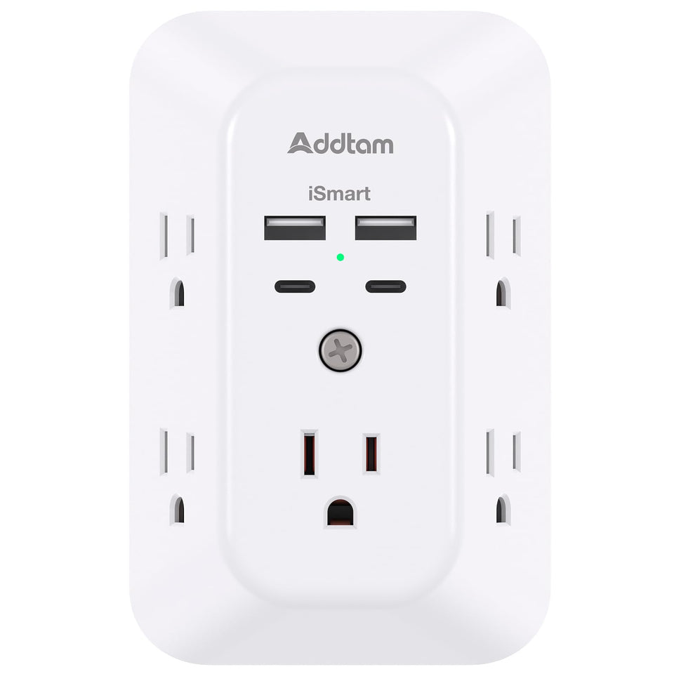 Addtam front view of 2-pack extender showing outlets and USB ports for versatile charging
