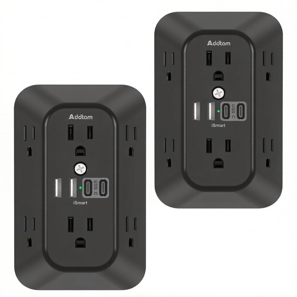 Addtam front view plugged into wall showing six outlets and four USB ports for versatile charging