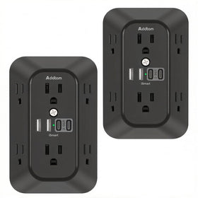 Addtam front view plugged into wall showing six outlets and four USB ports for versatile charging