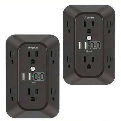 Addtam front view plugged into wall showing six outlets and four USB ports for versatile charging