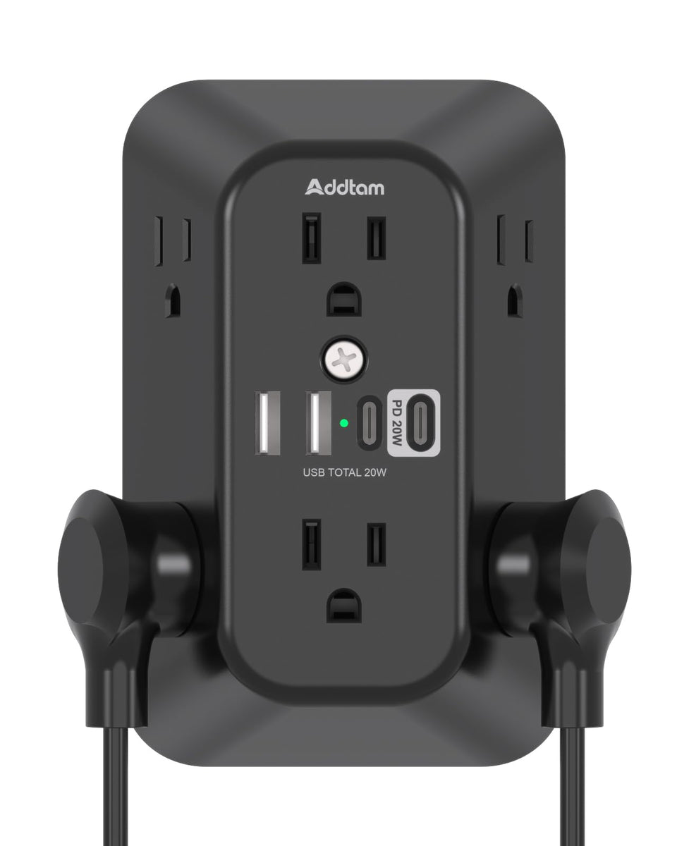 Addtam front view plugged into wall showing neat multi-device charging benefit