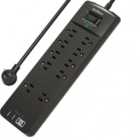 Addtam front view of power strip showing outlets and USBs for versatile charging