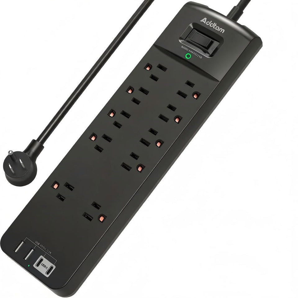 Addtam front view of power strip showing outlets and USBs for versatile charging