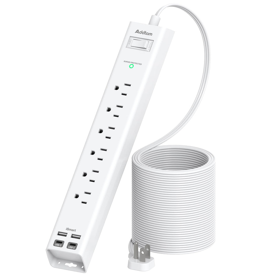 Addtam front view of power strip showing outlets and USB ports for organized charging