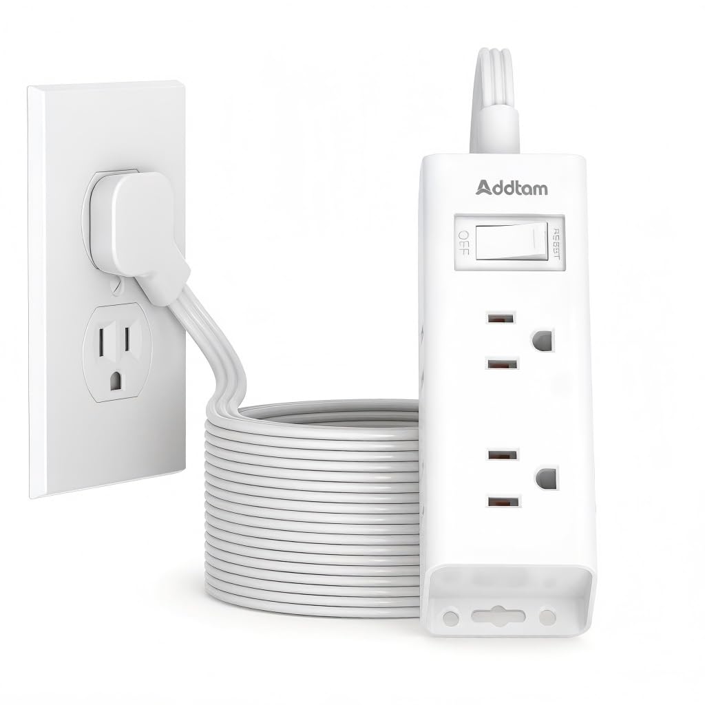 Addtam front view power strip showing six outlets and compact design for space saving