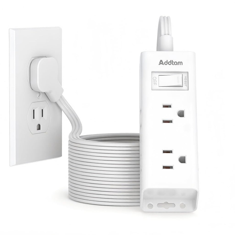 Addtam front view power strip showing six outlets and compact design for space saving