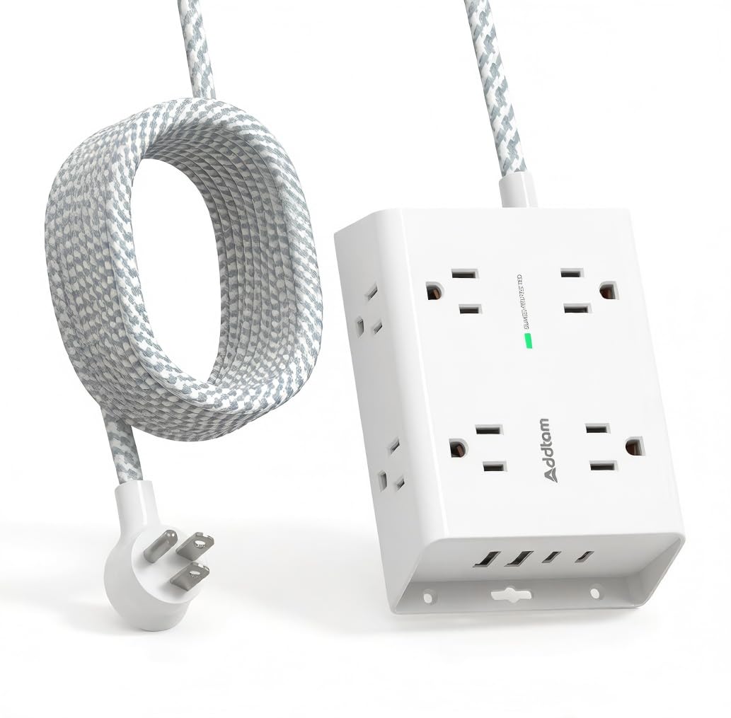 Addtam front view showing eight outlets and four USB ports for organized power