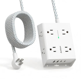 Addtam front view showing eight outlets and four USB ports for organized power