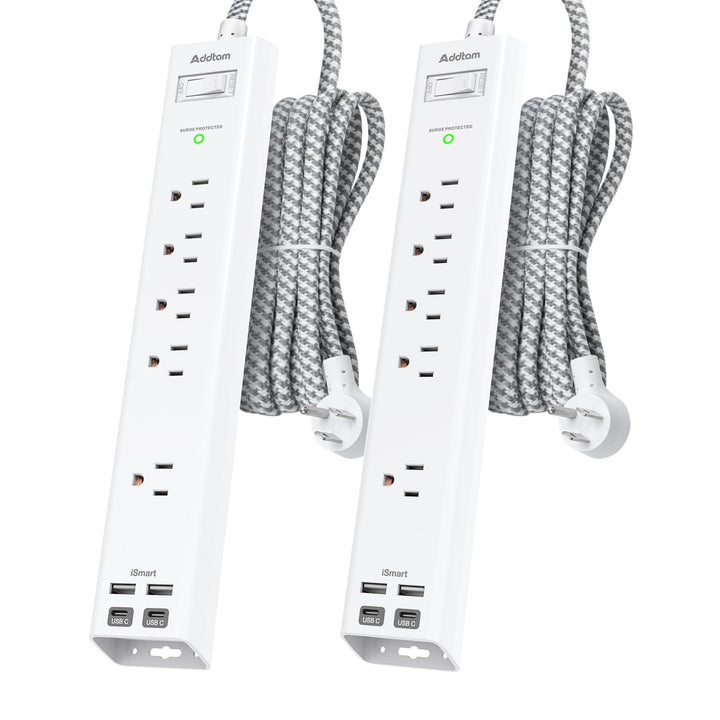 Addtam front view showing five outlets and four USB ports, keeps devices organized