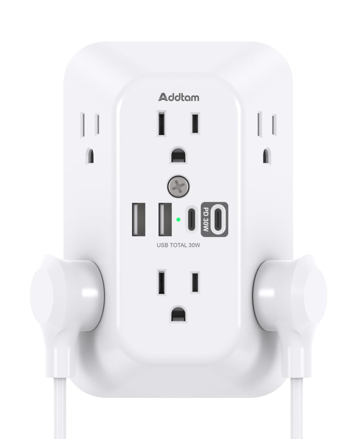 Addtam front view mounted on wall showing six outlets and four USB ports for versatile charging