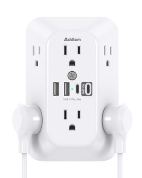 Addtam front view mounted on wall showing six outlets and four USB ports for versatile charging