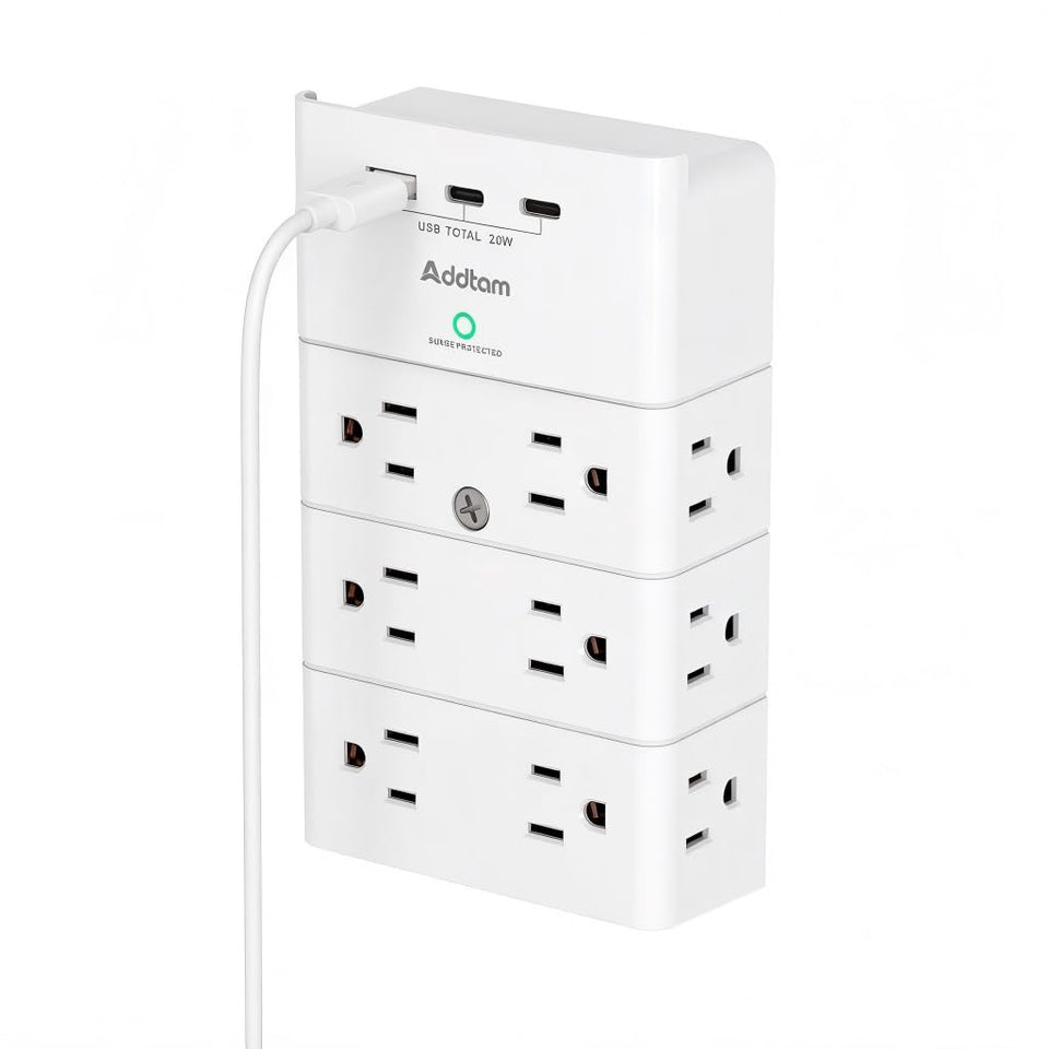 Addtam front view showing twelve outlets and space-saving organization