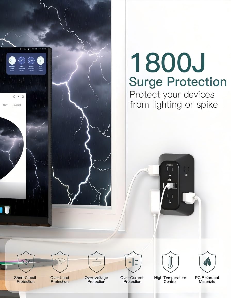 Addtam in use on a home office wall powering laptop, lamp, and charging multiple devices