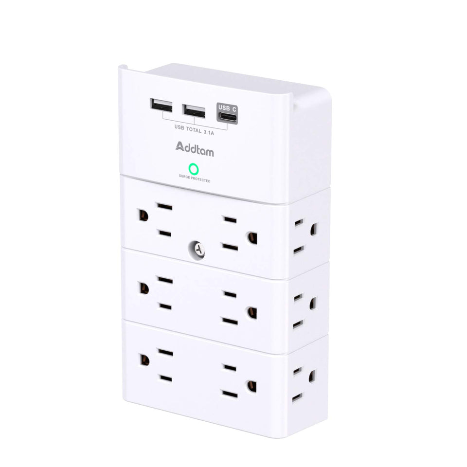 Addtam multi-plug wall outlet with twelve outlets on four sides for clean charging.
