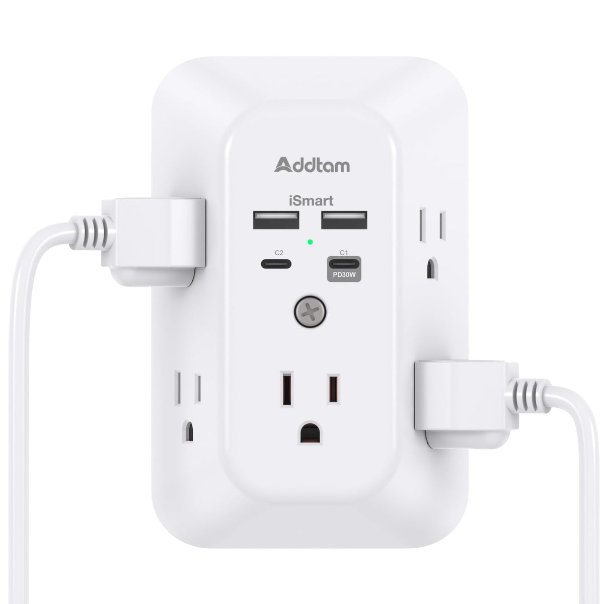 Addtam outlet extender front view with five outlets for versatile charging