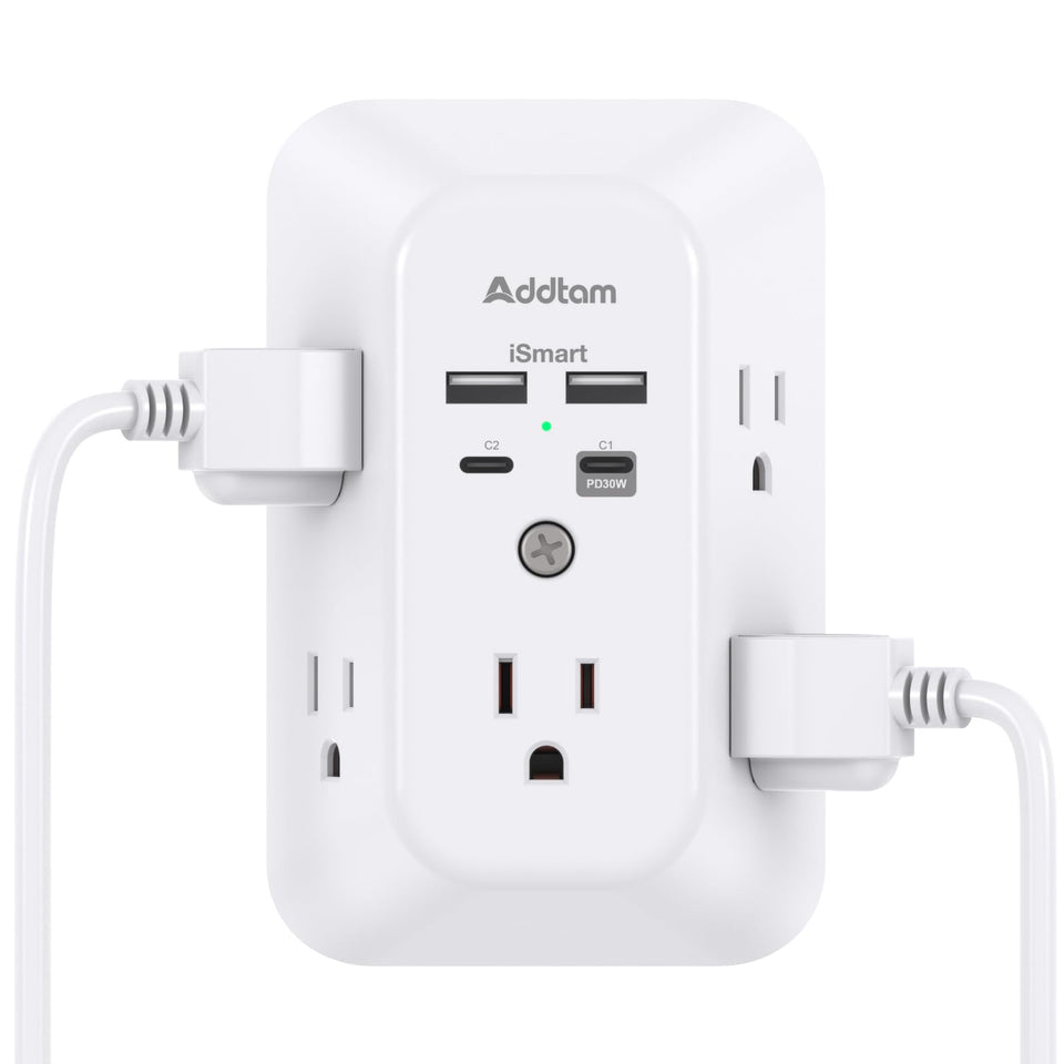Addtam outlet extender front view with five outlets for versatile charging