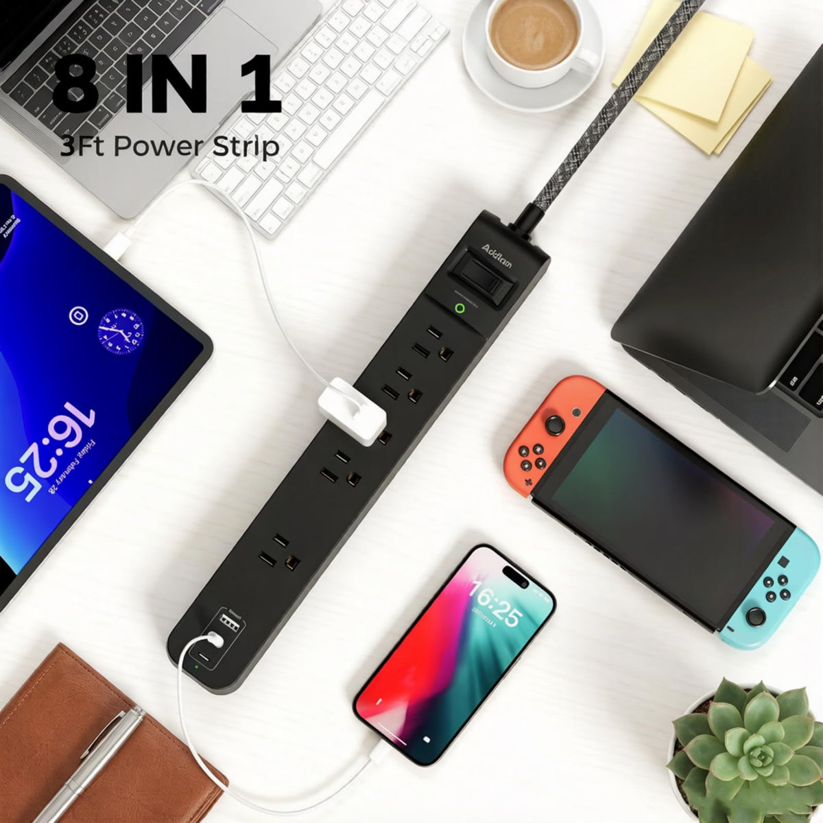 Addtam close-up of five wide outlets and three USB ports for versatility