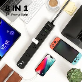 Addtam close-up of five wide outlets and three USB ports for versatility