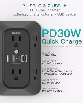 Detail of Addtam wide 2.2-inch outlet spacing for bulky adapters and convenience