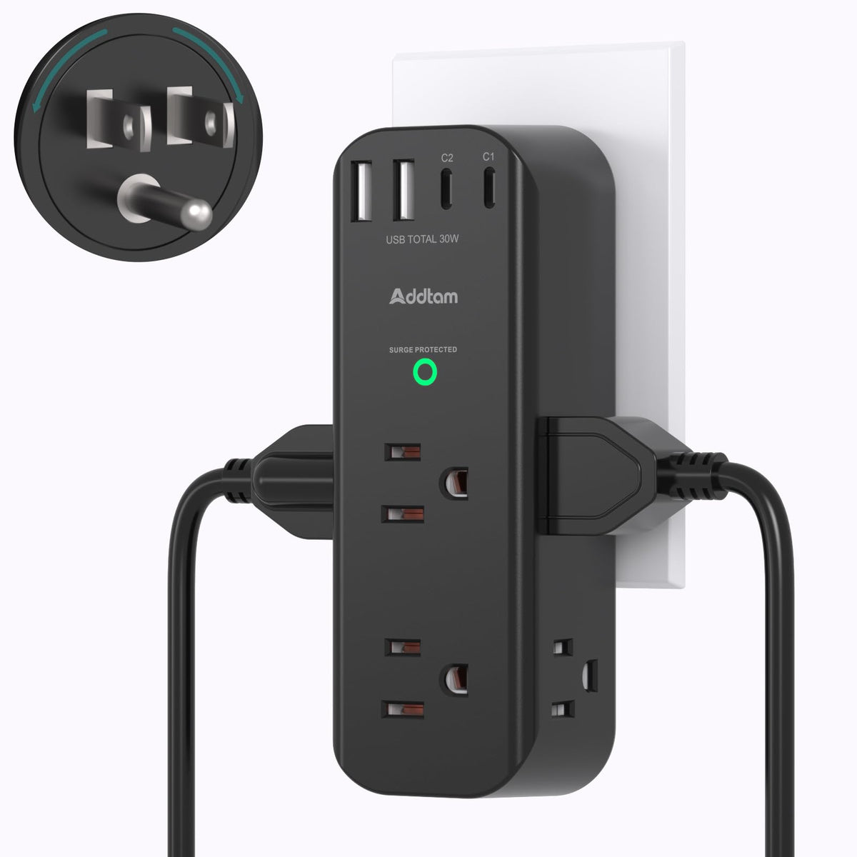 Addtam front view showing outlets and USB ports for organized charging