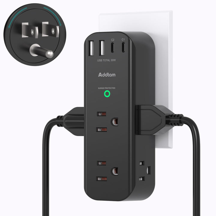 Addtam front view showing outlets and USB ports for organized charging