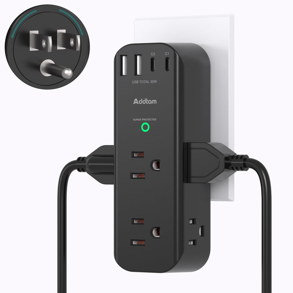 Addtam front view showing outlets and USB ports for organized charging