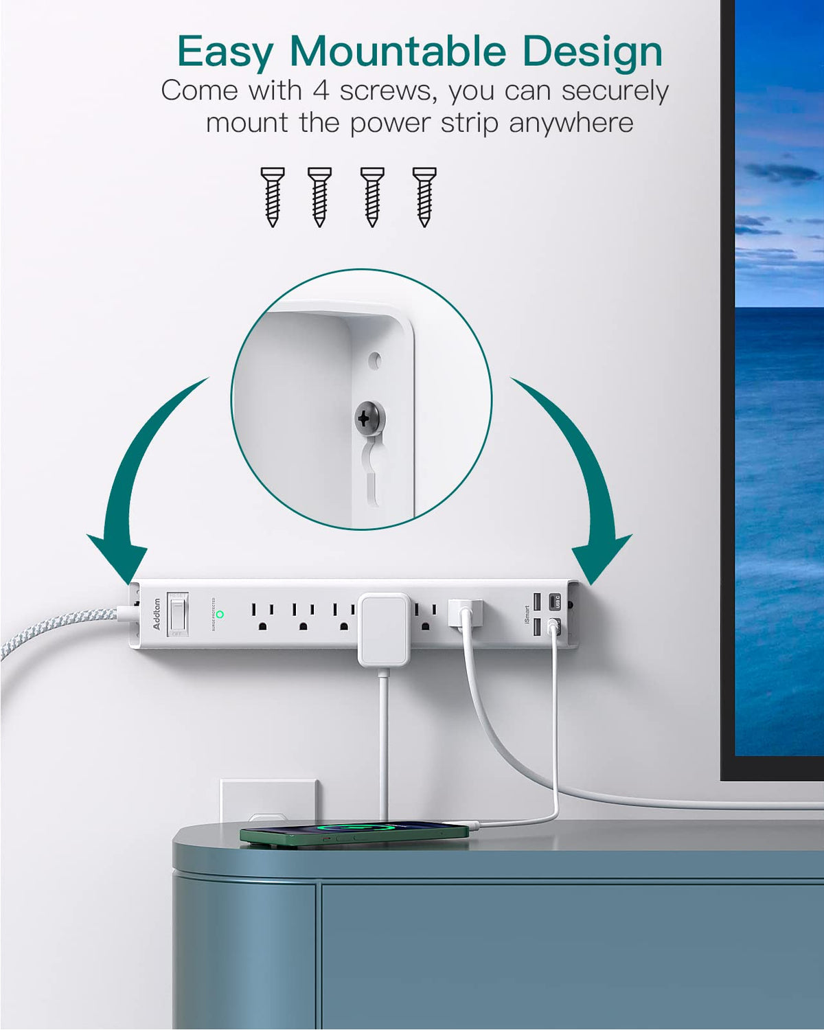 Addtam power strip with 1080J surge protection guards devices