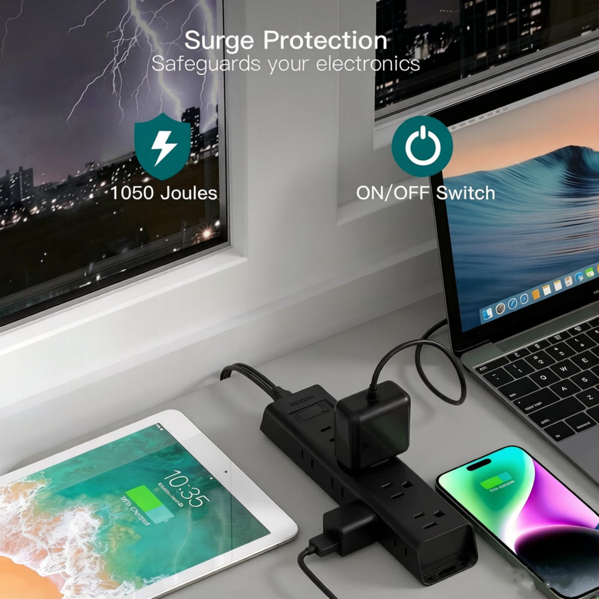 Addtam 3-side wide spacing outlets accommodate bulky adapters.