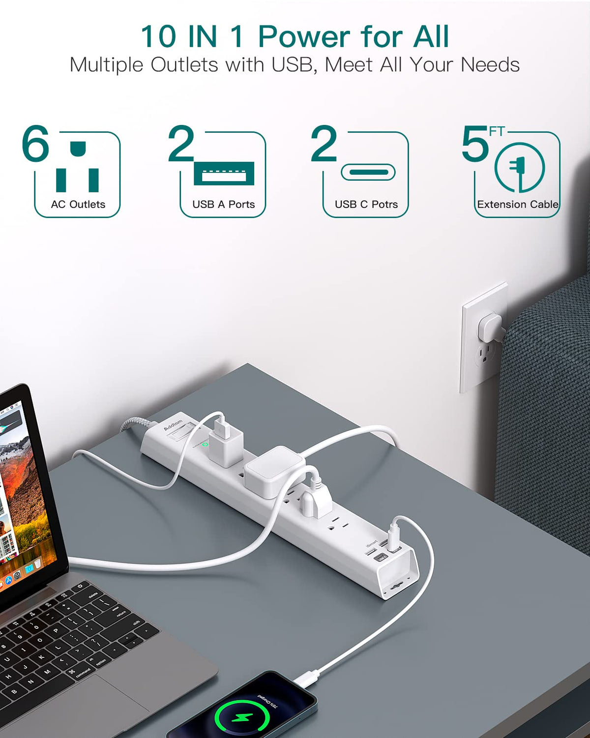 Addtam power strip with five-foot cord extends reach to distant outlets