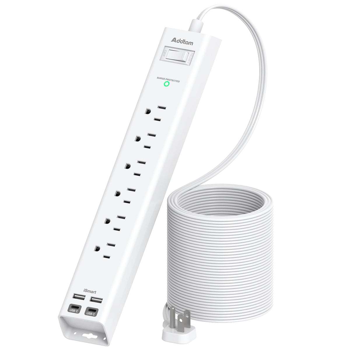 Addtam power strip with a 5ft cord for clutter-free desk setup.