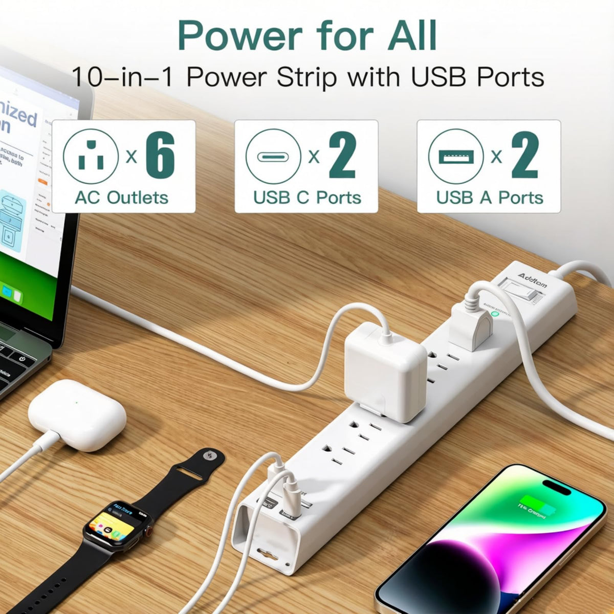 Addtam power strip offers 6 outlets and 4 USB ports for multi-device charging.